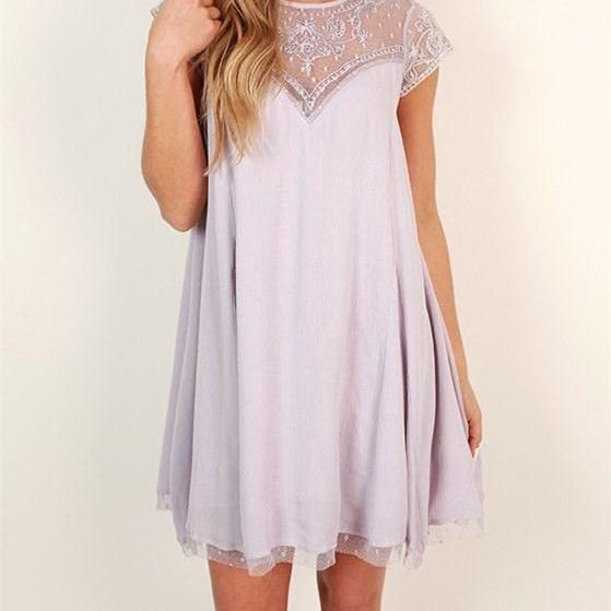 Cute Lilac Dress,Short Sleeve Prom Dress, Tulle Casual Dresses, Lilac Formal Dresses
