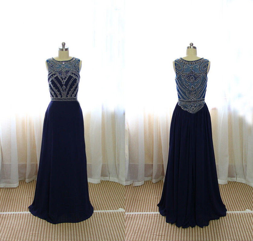 Graduation Dress Custom Made A Line Dark Navy Blue Beaded Long Prom Dresses Formal Dresses 3360